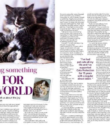 A magazine feature for Cats Protection showing a tuxedo cat and volunteers caring for rescue felines.