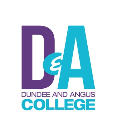 Official Dundee and Angus College logo featuring purple and cyan D and A initials on a white background.