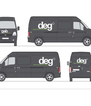 Custom vehicle livery design for a charcoal grey service van featuring the deg logo for heating and plumbing.