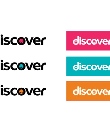 Six variations of the Discover logo with smiley faces in pink, teal, and orange colors.