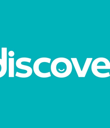 White lowercase word discover with smiley face icons on a solid teal blue background.