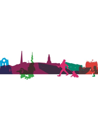 Colorful silhouette of Edinburgh skyline landmarks including Edinburgh Castle and Scott Monument.