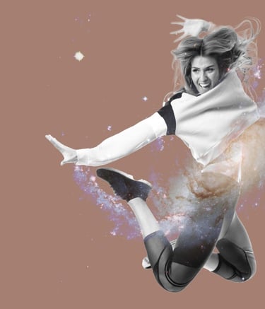 A cheerful woman jumping in mid-air with a galaxy nebula overlay for a creative fitness concept.