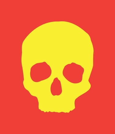 Minimalist yellow human skull graphic silhouette centered on a solid red background.