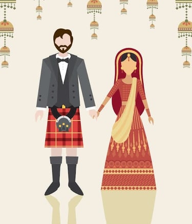 Illustration of a multicultural couple in a Scottish kilt and Indian bridal lehenga for a fusion wedding.