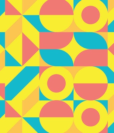 Abstract geometric pattern with colorful pink, yellow, and blue circles, triangles, and squares.