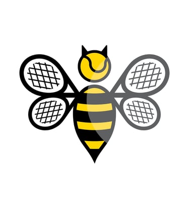 West End Wasps logo design featuring a bee mascot with tennis racket wings and a tennis ball head.