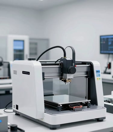 A high-quality, professional photograph of an organized European / French technology workshop. In the background, a modern 3D printer and a CNC machine are visible. The lighting is bright and clean with polar white tones, emphasizing a modern and reliable environment.