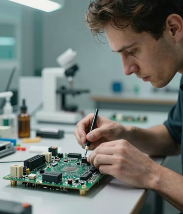 A close-up of a skilled professional in a modern European / French technical studio, carefully inspecting a circuit board. The atmosphere is innovative, with soft misted teal accents in the lighting and a clean, professional workspace.