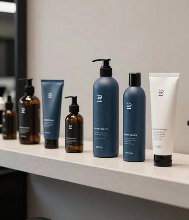 A high-end selection of grooming products displayed on a minimalist shelf. The lighting is soft and moody, reflecting a masculine, sophisticated environment. European / Romanian premium barber shop setting. Palette colors: slate blue and off-white.