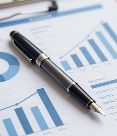 A close-up of a high-end fountain pen resting on a clean, professional financial report with graphs. The scene is bright and airy with soft blue tones (#8CB3C7) and clean white surfaces, reflecting absolute trustworthiness and modern efficiency.