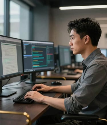 A focused digital marketing specialist working in a sleek, modern office with dark furniture and gold accents in the United States. They are looking at high-end monitors with data blurred in the background. High-trust atmosphere.