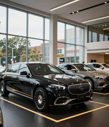 Luxury car dealership showroom in a North American urban center, featuring floor-to-ceiling windows, high-end sedans, and polished black floors with gold lighting accents. The style is modern and high-trust.
