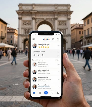 A high-quality photography shot of a bustling Italian piazza with historical architecture in the background, focusing on a smartphone in the foreground displaying a 5-star Google Maps business profile. Clean, crisp, professional aesthetic.