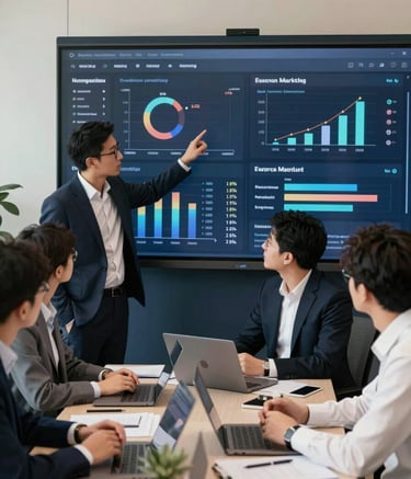 A professional European / Italian Chinese business setting where a team is analyzing a digital marketing dashboard on a large screen in a modern office with deep navy and cream decor. The atmosphere is authoritative and tech-focused, showing professional engagement.