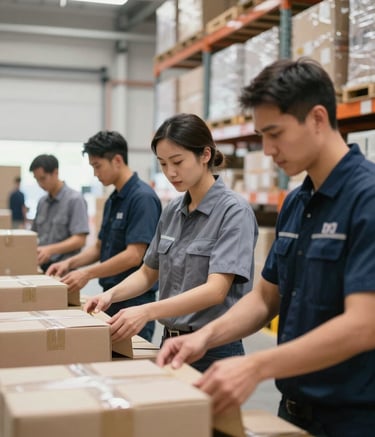 A professional team of logistics workers in a bright, modern warehouse, wearing professional uniforms in muted slate blue and dark navy, focused on organizing packages for international shipping. The lighting is bright and clean, emphasizing modern efficiency.