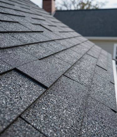 A close-up photograph of high-grade, wind-resistant roofing shingles being installed on a North American / US - New York City home. The lighting is bright and professional, highlighting the texture of the durable materials. The palette features storm gray and dark navy tones.