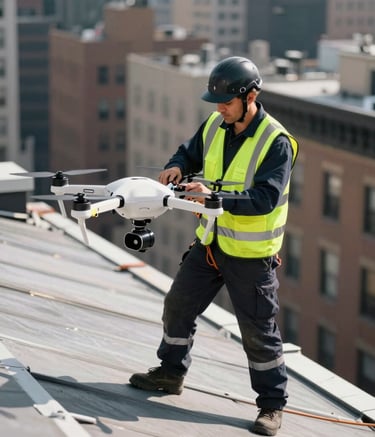 A professional roofing specialist in a high-visibility vest and dark navy uniform, performing a drone-assisted roof inspection in New York City. The scene conveys expertise, modern technology, and reliable protection.