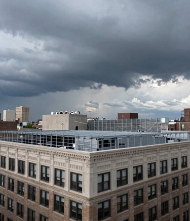 A wide-angle, dramatic photograph of a newly reinforced roof on a New York City building under a moody, storm-gray sky. The architecture reflects the North American urban landscape, emphasizing strength and structural integrity.