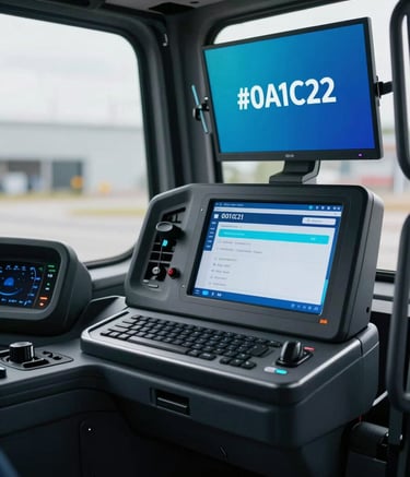 A modern semi-truck cabin with a dispatcher's dashboard visible, daytime lighting, professional atmosphere, featuring #0A1C2B and #8DAEC2 accents in the vehicle design, clean composition.