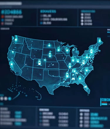 A high-tech digital interface showing a map of the United States with glowing pulse points representing tracked vehicles, professional and secure aesthetic, incorporating #2D4B6C and #8DAEC2 color tones, sharp focus.
