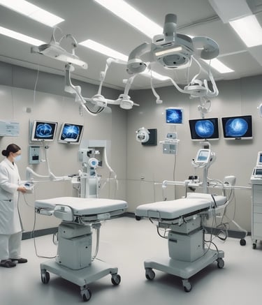 A team of engineers collaborating over a medical device prototype in a bright lab.