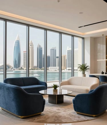 A wide-angle interior photograph of a luxury real estate showroom in Ajman, UAE, featuring contemporary furniture in medium blue and off-white. The space has floor-to-ceiling windows overlooking a modern Gulf cityscape during a clear day, reflecting a sophisticated atmosphere.