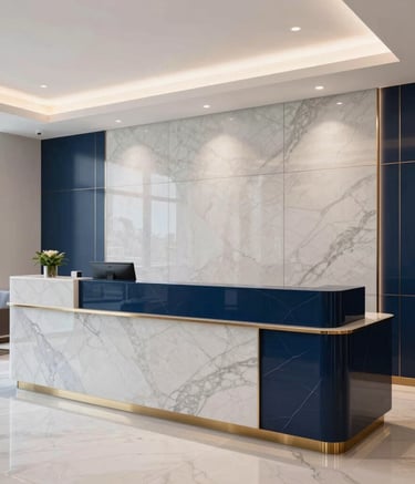 A professional photography shot of a sleek marble and dark blue reception area of a high-end real estate office in the Middle Eastern / Gulf region. The lighting is bright and airy, emphasizing clean lines and a premium corporate aesthetic.