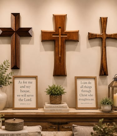 Wooden wall crosses displayed in church gift shops, Christian bookstores, and seasonal religious hom