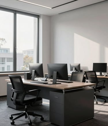 A professional and clean perspective of a modern office interior in Berlin, featuring high-quality materials. Soft morning light enters through large windows. The color palette includes deep charcoal furniture and mist white walls, reflecting a mood of unwavering reliability and modern professionalism.