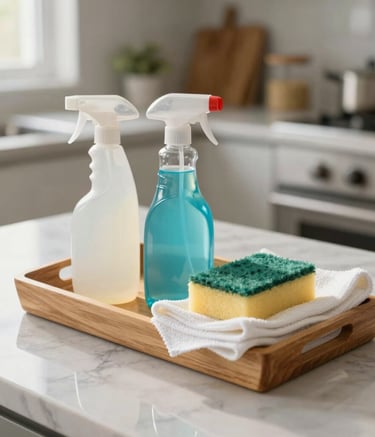 A professional cleaner's tidy wooden tray with eco-friendly cleaning bottles, pristine microfiber cloths, and natural sea sponges, placed on a gleaming marble countertop in a bright North American kitchen. Soft morning light.