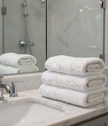 An immaculate, luxurious North American bathroom with spotless white marble, polished chrome faucets, sparkling glass shower doors, and a neat stack of fluffy, fresh-smelling white towels. Soft, airy, bright daylight.
