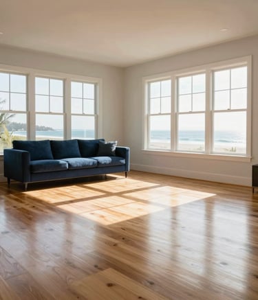 A high-end, bright, sunlit modern North American home living room with pristine, sparkling clean hardwood floors and large windows. Soft coastal morning light. Deep navy and coastal blue accents. Clean, airy atmosphere, professional photography.