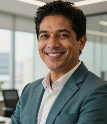 A close-up photograph of a confident South American professional smiling in a bright, modern office with teal and off-white accents. The lighting is soft and natural, emphasizing a sense of success and empowerment. Brazilian urban office setting in the background.