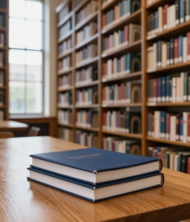 An elegant International Academic university library with tall bookshelves and large windows. A single, polished oak table in the foreground holds a stack of journals in deep navy blue covers. The lighting is soft and sophisticated, emphasizing a sense of academic authority.