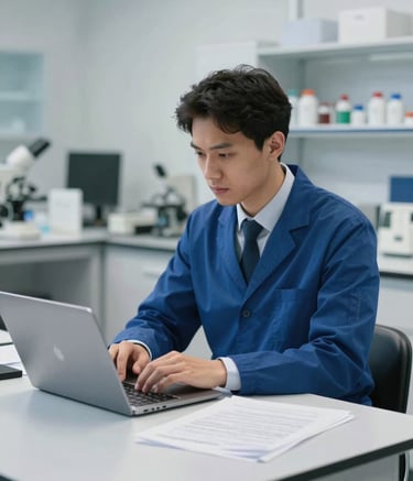 A focused International Academic researcher in professional attire working in a modern, minimalist laboratory. Soft lighting highlights a desk with academic papers and a high-end laptop. The atmosphere is quiet and intellectually focused, featuring a color palette of royal academic blue and pristine white.