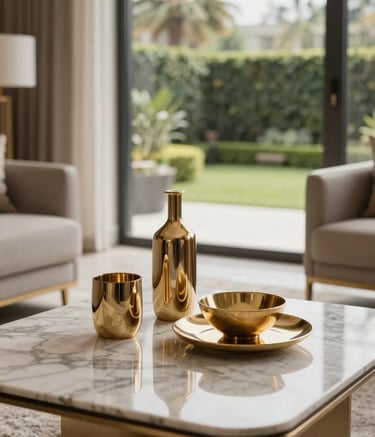 A close-up photograph of a sophisticated interior design in a luxury South Asian / Indian apartment, showing a marble coffee table with high-end decor and a view of a manicured private garden in the background. Soft lighting, warm gold tones.