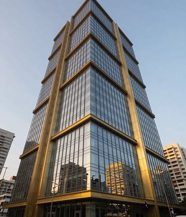 A low-angle, professional photograph of a sleek, modern architectural masterpiece in Chennai, featuring floor-to-ceiling glass and gold-accented steel beams during the golden hour. The surrounding cityscape reflects a high-end South Asian / Indian urban environment.