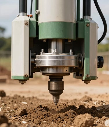 Close-up of a high-tech soil drilling machine operating on a Brazilian construction site. Muted green and off-white tones, showing the metal textures and the precision of the rotary drilling process. Bright daylight, South American environment.
