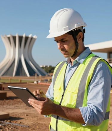A South American professional geotechnical engineer in a white hard hat and safety vest, holding a digital tablet and inspecting a construction site in Brasilia. The background shows clear blue skies and modern architectural elements. Professional photography with sharp focus and natural sunlight.