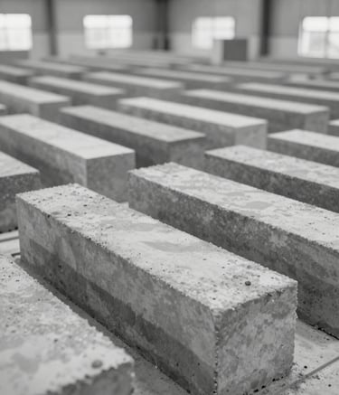 A large-scale production area of the Salomão - Artefatos de Concreto factory. Rows of freshly molded grey concrete blocks are curing in an organized, industrial hall. The lighting is clean and bright, using a palette of #3A3A3C and #F5F5F7.