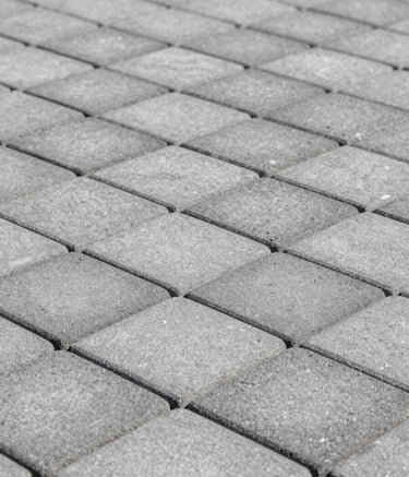 A high-contrast, professional architectural photograph of a paved area using Salomão concrete pavers. The image focuses on the interlocking pattern and the solid texture of the grey pavers #A9A9AE. Natural daylight creates soft shadows, highlighting reliability. Modern and clean aesthetic.