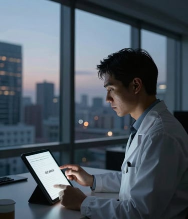 A professional researcher in a modern North American / US office environment, silhouetted against a wall of windows at twilight. The scene is illuminated by the Off-White glow of a tablet screen and the Muted Blue of the city skyline outside.