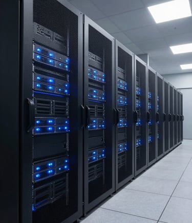 A sleek, minimalist server facility in a North American / US tech corridor. The lighting is dominated by Muted Blue and Steel Blue glowing indicators from high-end equipment. The composition is a wide-angle perspective shot, emphasizing depth and advanced technology in a professional environment.