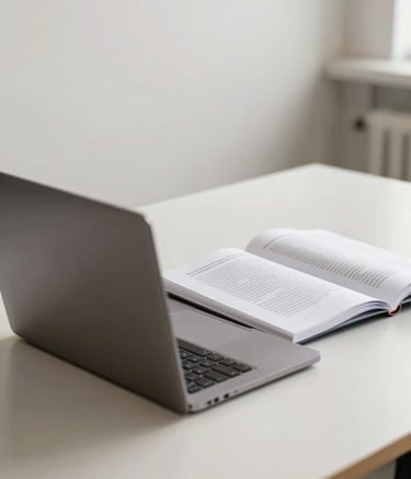 An artistic photograph of an open academic dissertation next to a modern, sleek laptop on a minimalist desk in a North American / US office. The scene is bright with natural light, featuring Soft Off-white and Taupe colors to represent the transition from research to digital manuscript.