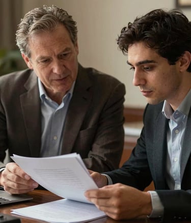 A close-up photograph of a mentor and a scholar reviewing a manuscript together in a sophisticated North American / US academic setting. The desk is made of dark wood, and the room is filled with soft, warm light. The color palette features Muted Brown and Dark Charcoal tones, evoking a sense of expert guidance and intellectual depth.