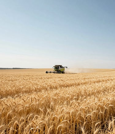 Wide-angle landscape of a vast wheat field under a bright, clear sky during harvest time, a combine harvester in the distance, North American / Southwestern US geography.