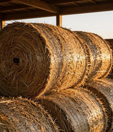 A close-up photograph of high-quality Rhodes grass bales stacked in a barn, warm golden afternoon light filtering through slats, North American / Southwestern US ranch setting.