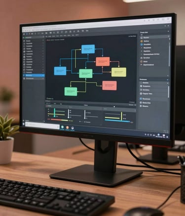 A close-up photograph of a professional workstation in a modern Brazilian tech office, showing a high-end monitor with complex software architecture diagrams. The lighting is soft charcoal and warm terracotta, creating a serious yet welcoming atmosphere. No people are visible.