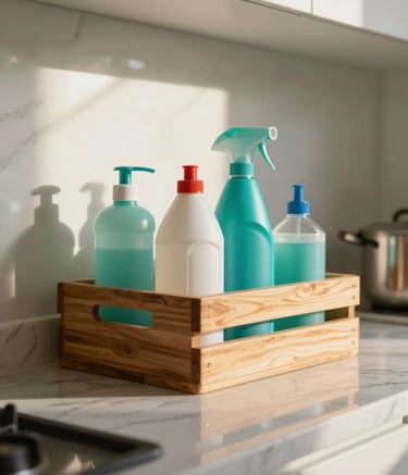 Close-up photography of a pristine kitchen counter in a modern South American Brazilian home, marble surfaces reflecting warm sunlight, organized high-end cleaning supplies in a wooden basket, medium teal accents.